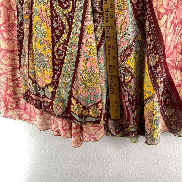 Silk Skirt L Peasant Boho Flare Reversible Wrap Midi Layered Tie Side Pink - Picture 10 of 11